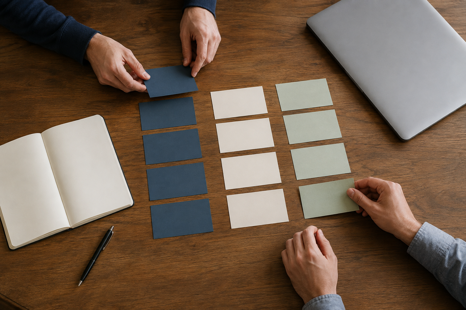 Hands arranging blank service cards into clear groups