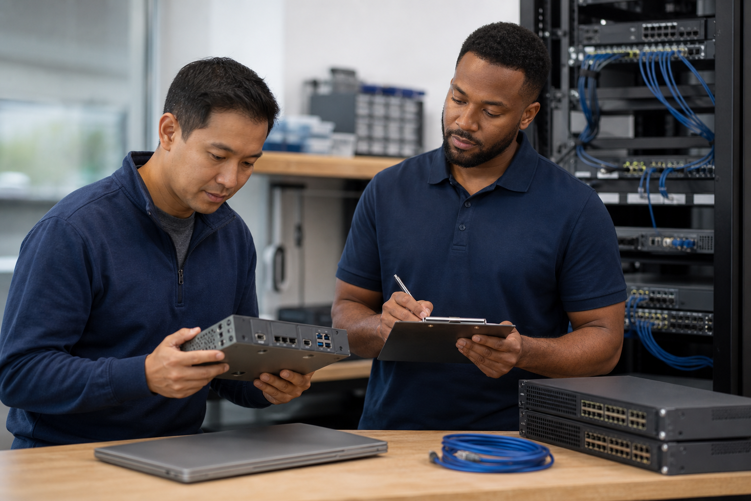 MSP engineers validating network equipment in a test environment