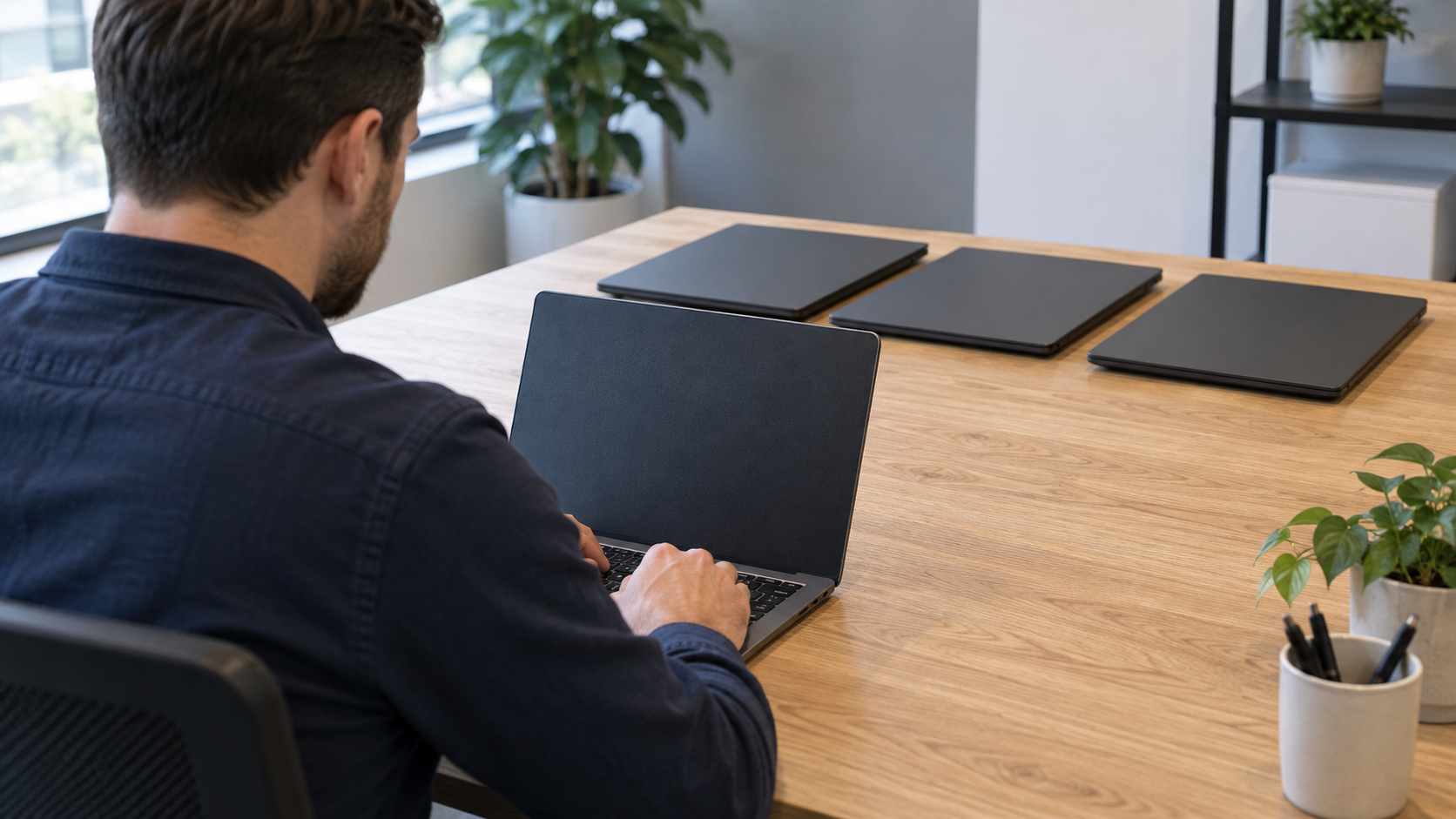 An engineer checking one pilot laptop while three other laptops wait on the workbench