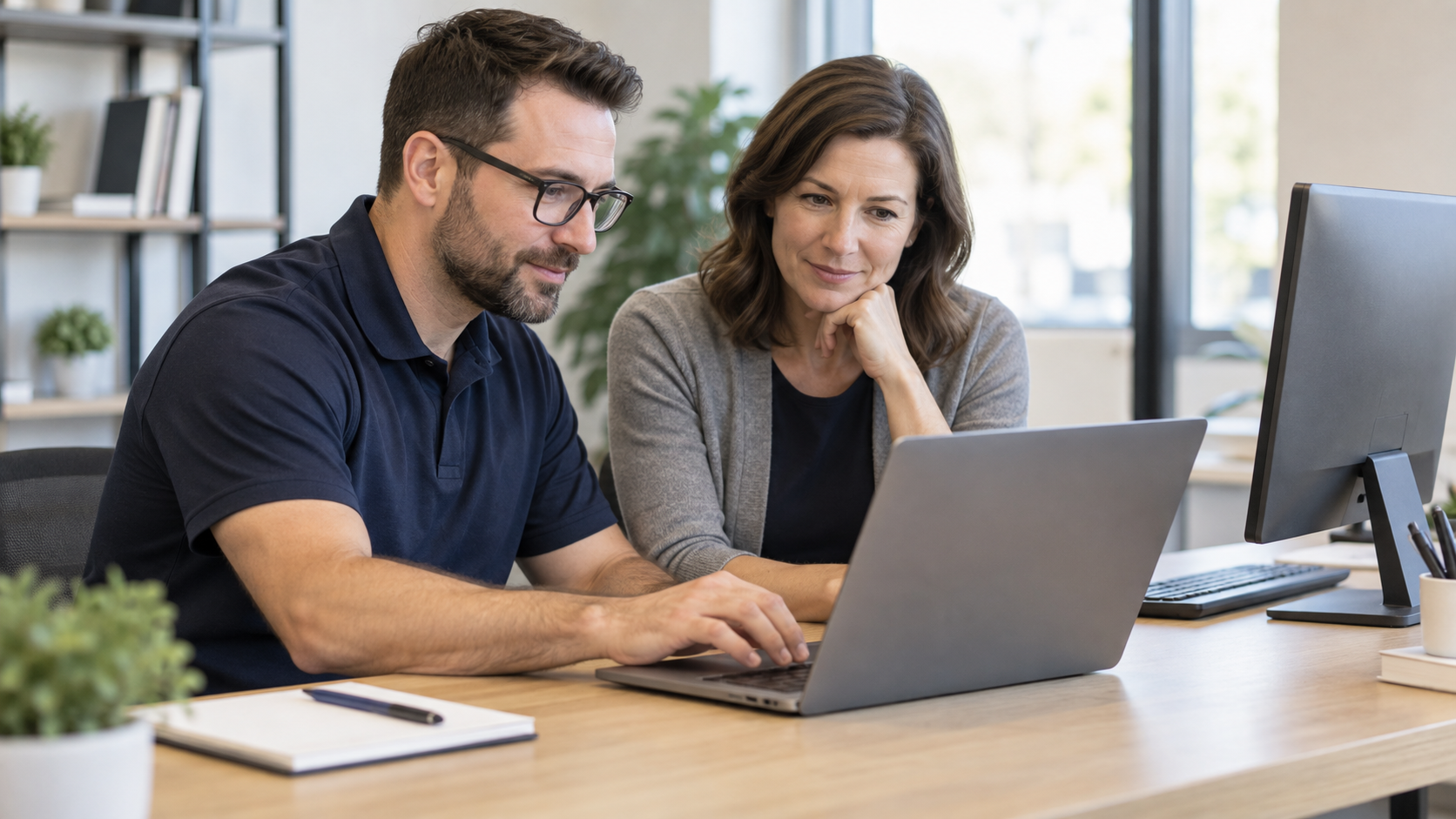 An IT technician and client colleague checking a laptop together after maintenance