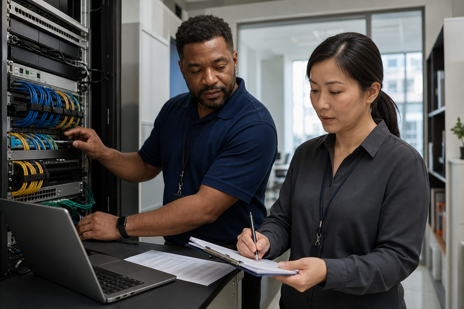 MSP technician and client lead documenting technology assets during discovery