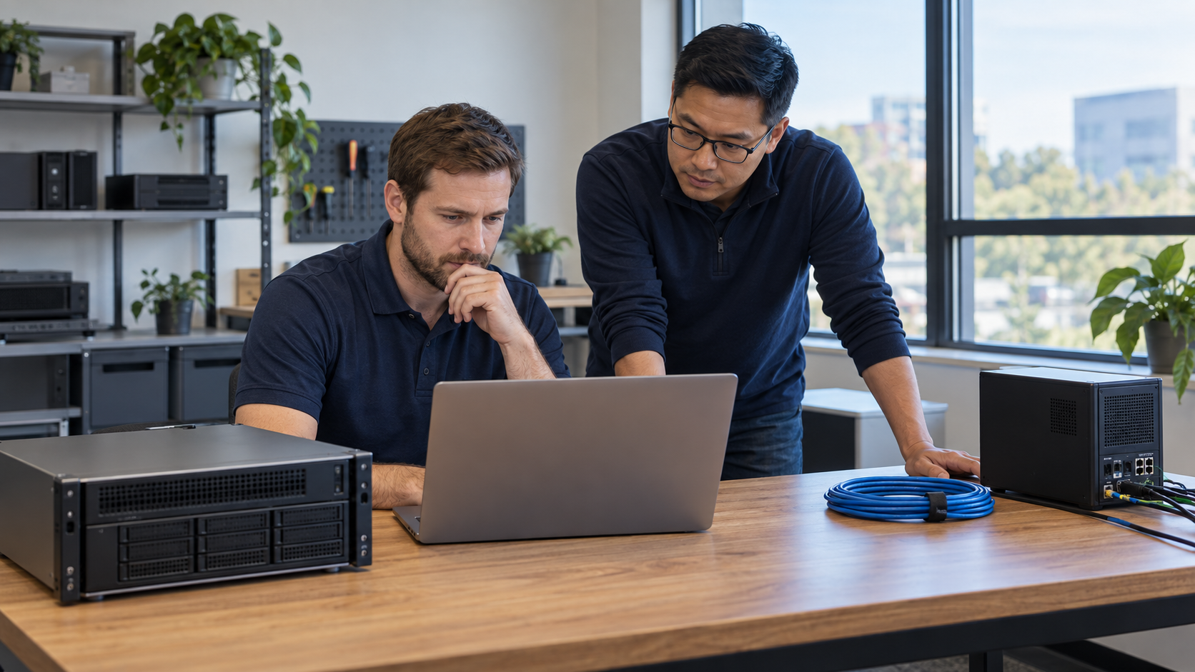 Two MSP engineers preparing a backup restore exercise at a test bench