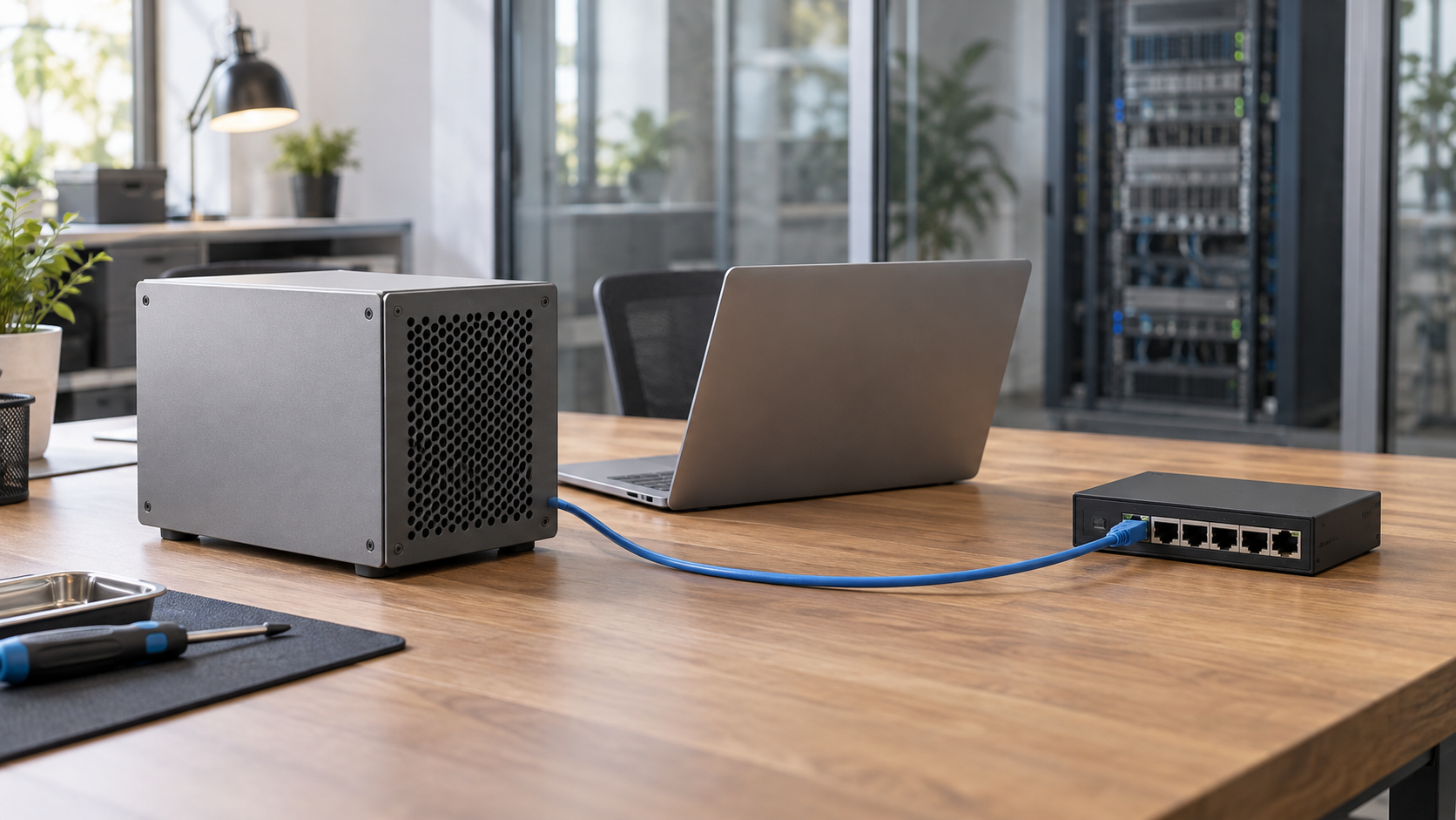Separate test server, laptop, and network switch on an office workbench
