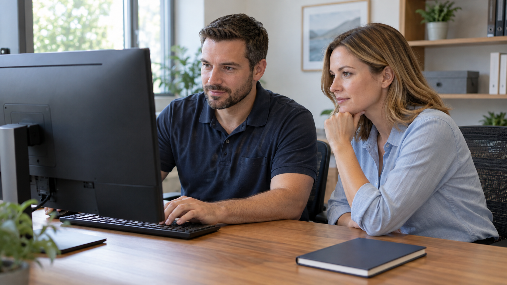An MSP engineer and client colleague checking a recovered workflow together