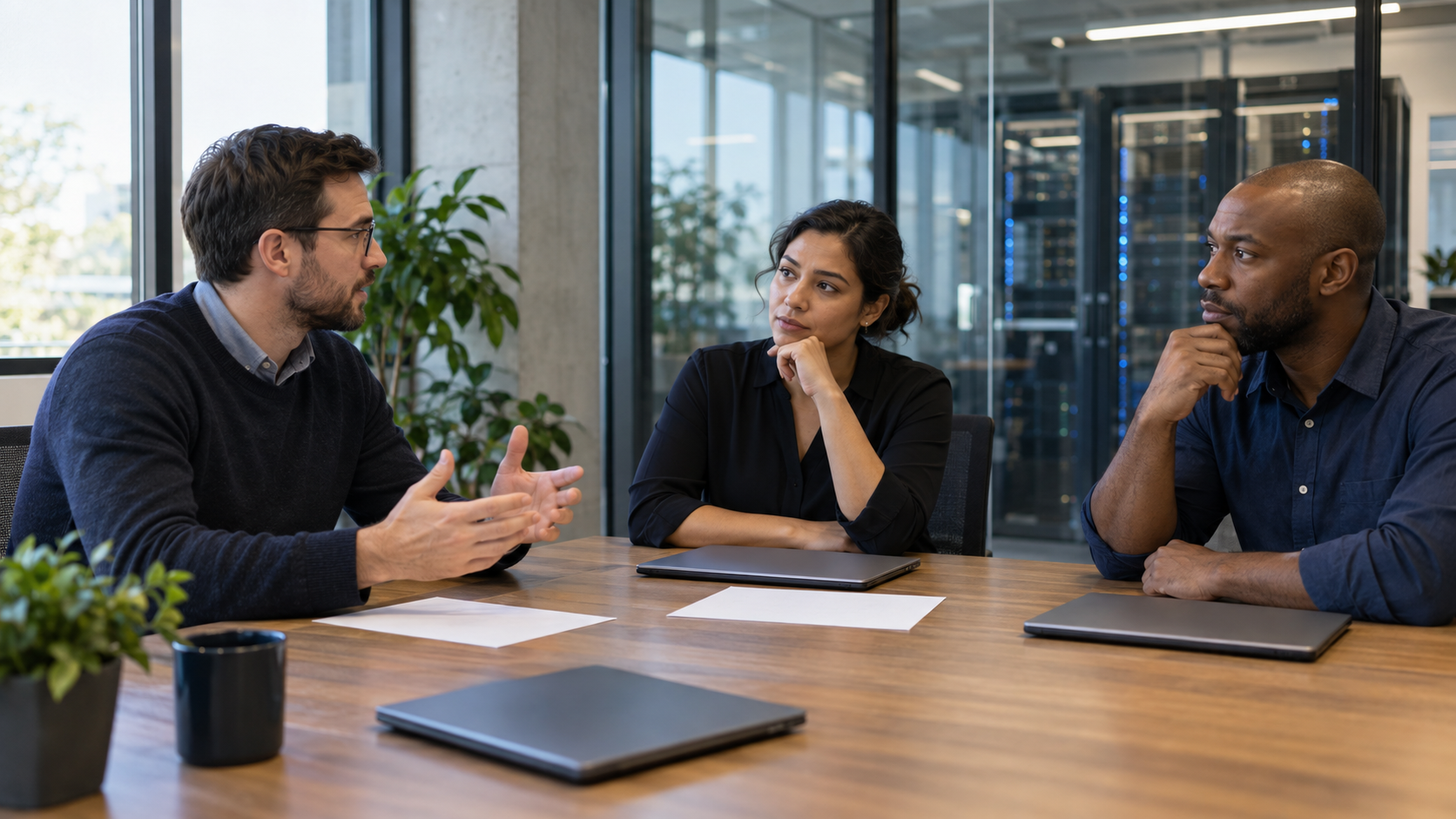 MSP colleagues discussing an incident in a calm review meeting