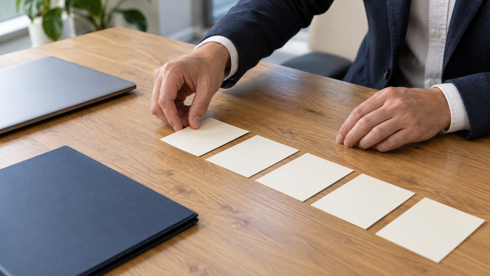 Hands arranging blank cards into an incident timeline