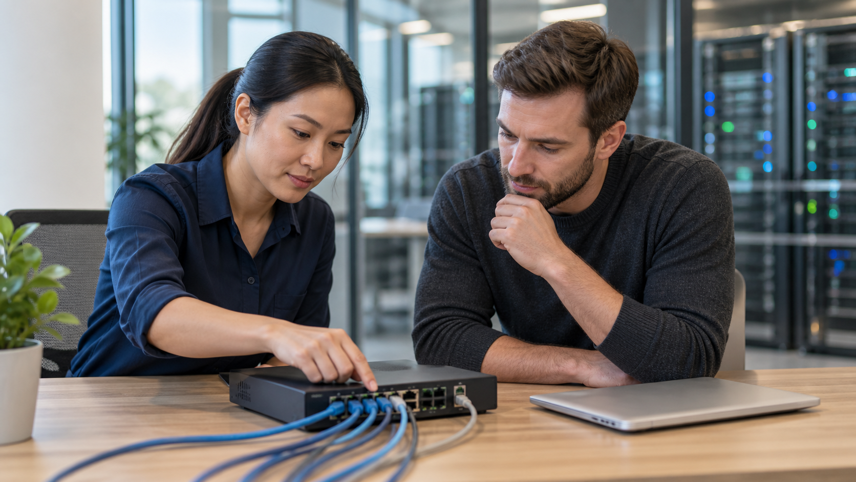 Two MSP engineers checking network equipment in a test setting